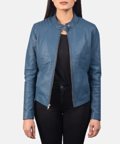Kelsee Blue Leather Biker Jacket For Women
