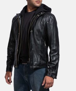 Mens Highschool Black Leather Hooded Jacketh