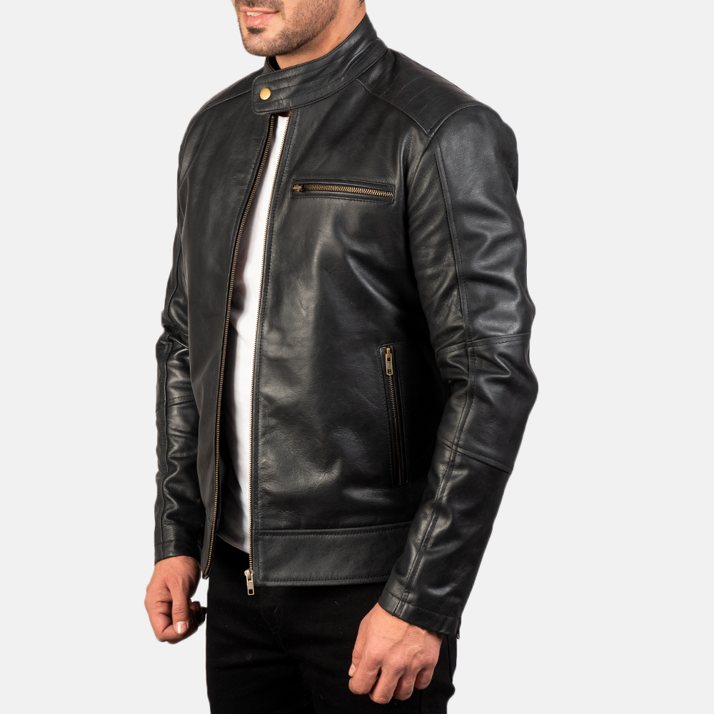Men's Dean Black Leather Biker Jacket - Image 2